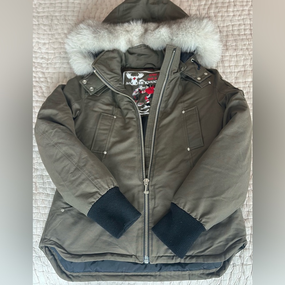 Moose Knuckles Khaki Puffer with Fur Trim
